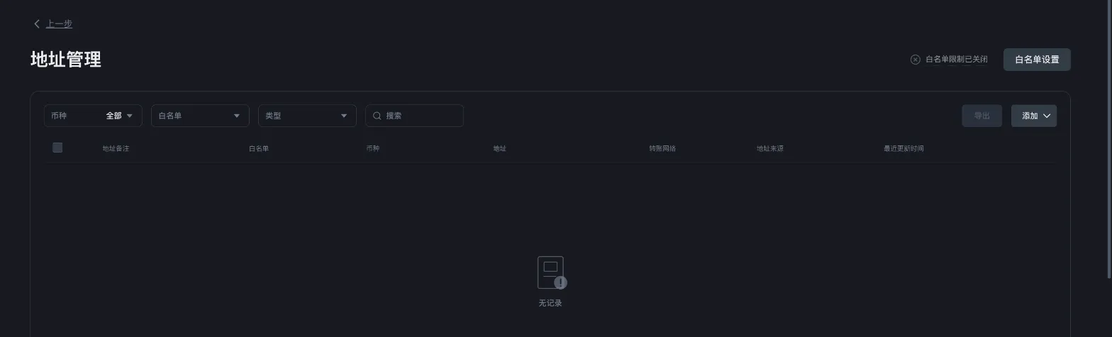 币安地址管理页：右上角是白名单限制的开关状态和「白名单设置」，下方是已保存的提币地址列表（示例账户尚未保存地址）