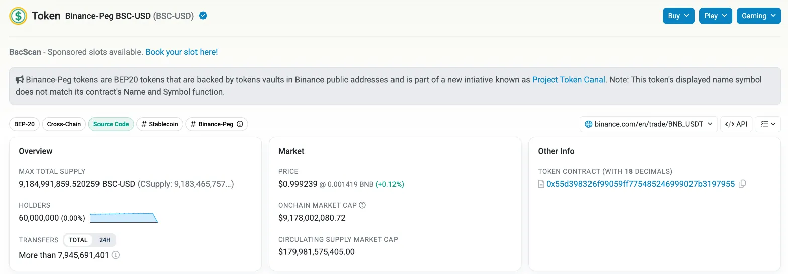 BscScan 上 BNB 智能链的 USDT 代币页：名称显示为 Binance-Peg BSC-USD，并说明由币安公开地址中的资产支持