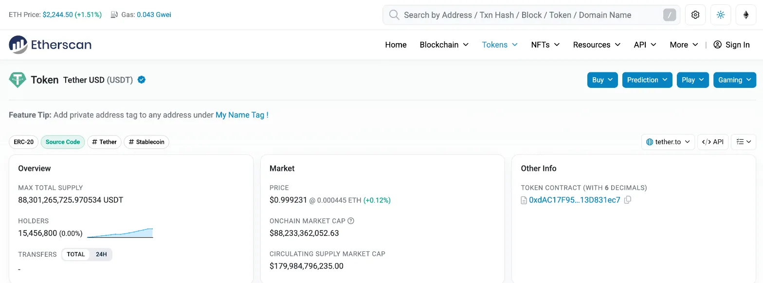Etherscan 上的 USDT（ERC20）代币页：顶部搜索框可按地址或交易哈希查询，右侧是合约地址