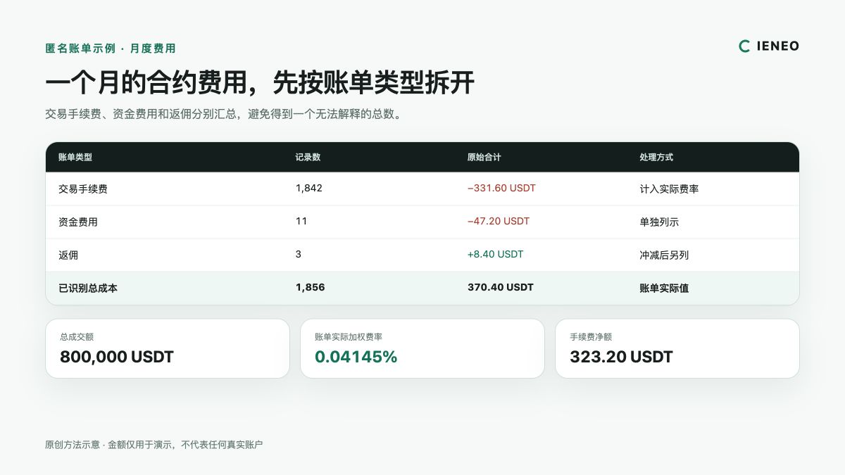 匿名合约账单按交易手续费、资金费用和返佣分组后的月度汇总示意